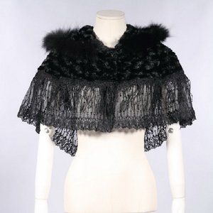Gothic Lolita Steampunk Victorian Adorable Plush Fur & Lace Black Hooded Cape OS